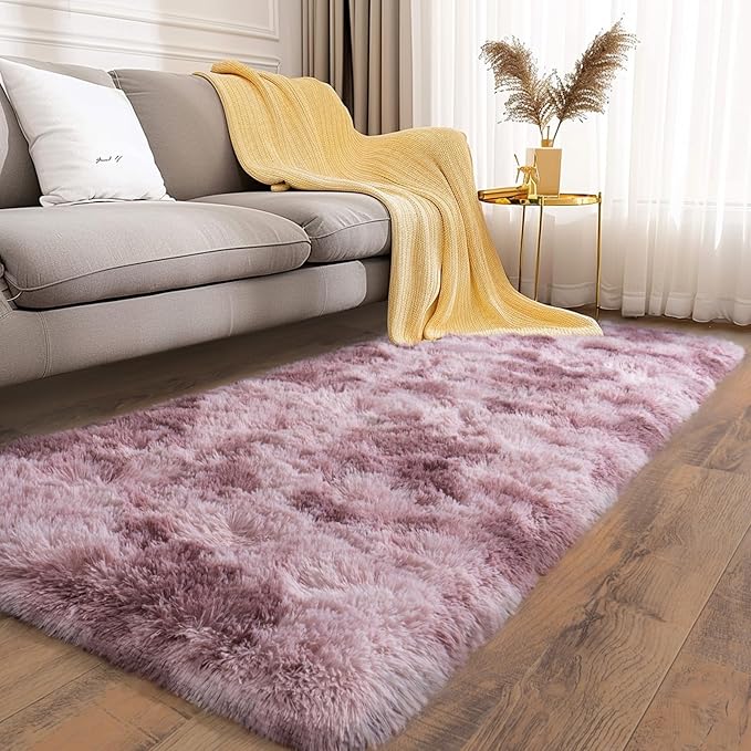 Soft Runner Rugs for Bedroom Hallways, 2x6 Tie-Dyed Grey Purple Fluffy Shag - Image 2