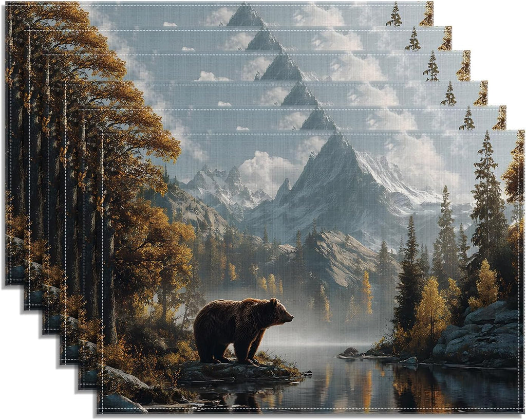 Bear Forest Mountain Placemats Set of 6, Rustic Wild Animal Linen Place Mats Farmhouse Washable Stain Resistant Table Mats for Home Party Kitchen Dining, 12x18 Inch