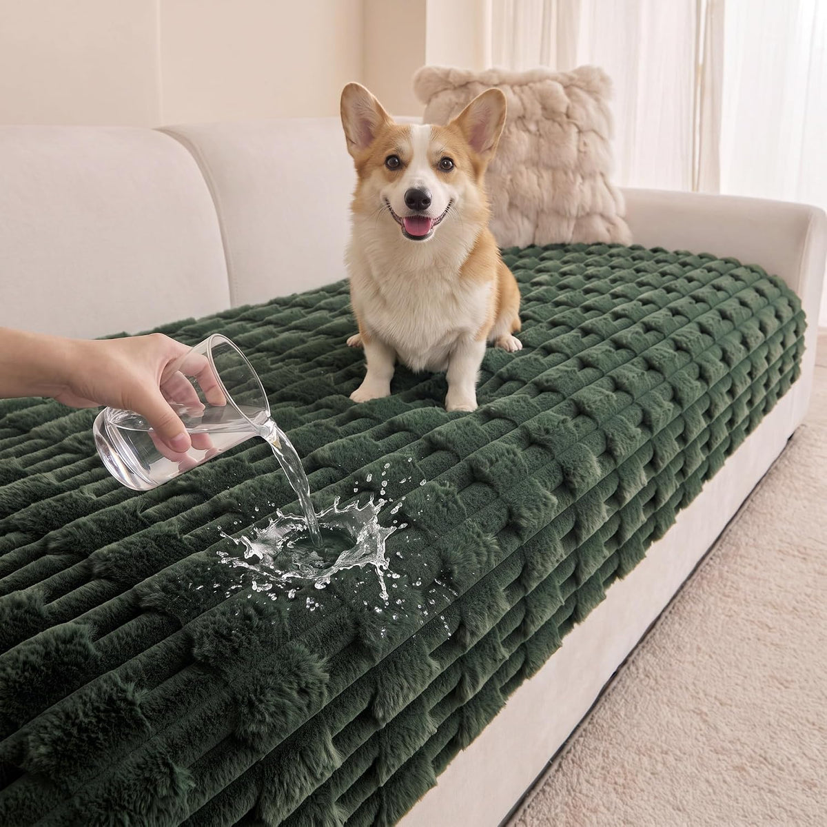 MYSKY HOME Couch Cover for Dogs, Plush Soft Sofa Cover Washable, Couch Covers for 3 Cushion Sofa Pet Friendly, Waterproof Non-Slip Durable Sofa Slipcover Furniture Protector, Moss Green, 35"x83"