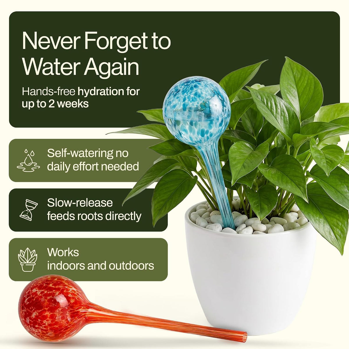 Besti Large Self Watering Globes for Plants Hands Free | Durable, Multicolored Glass Craftsmanship | Holds 380-400ml, Waters Plants Up to 2 Weeks
