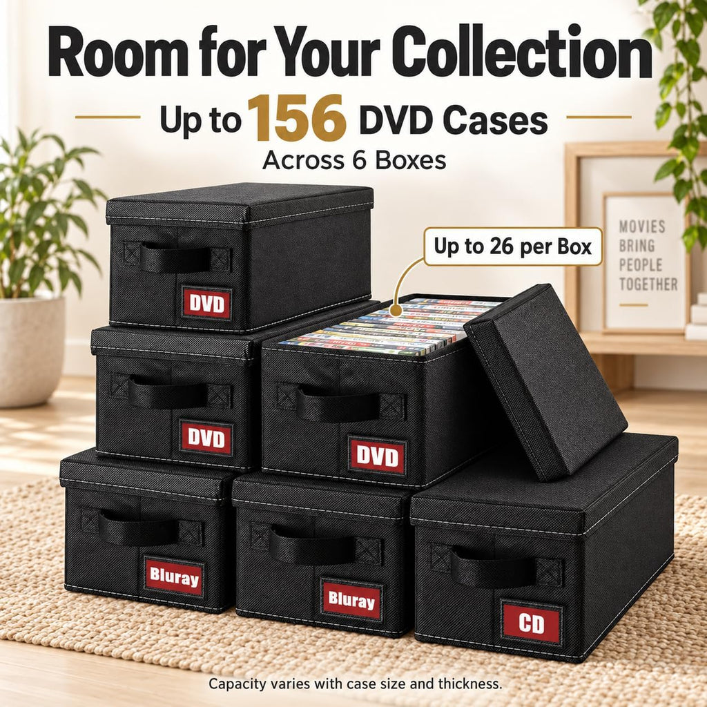 DVD Storage Boxes, 6P Larger DVD Storage Cases with Lid, Stackable Fabrics Media Storage Holds Up 156 DVDs (Each 26), Also Idea for Storaging Blu rays, Video Game Cases, CDs