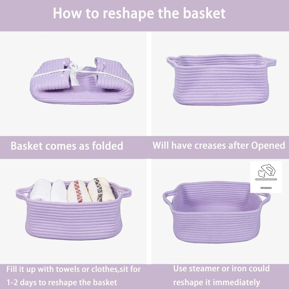 XUANGUO Medium Woven Cotton Rope Storage Basket with Handles, Light Purple