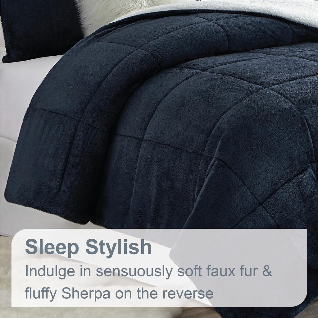 Swift Home Full/Queen Comforter Set, Reversible Faux Fur Sherpa, Navy