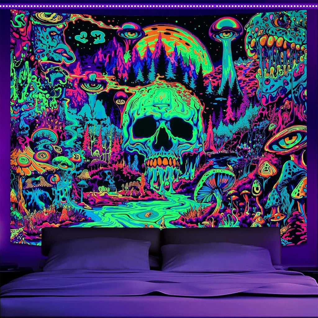 Zussun Blacklight Mountain Tapestry Starry Night Tapestries for Bedroom Aesthetic Moon and Stars Tapastry Wall Hanging Glow in The Dark Nature Forest Wall Tapestry for Living Room Dorm (48'' × 36'')