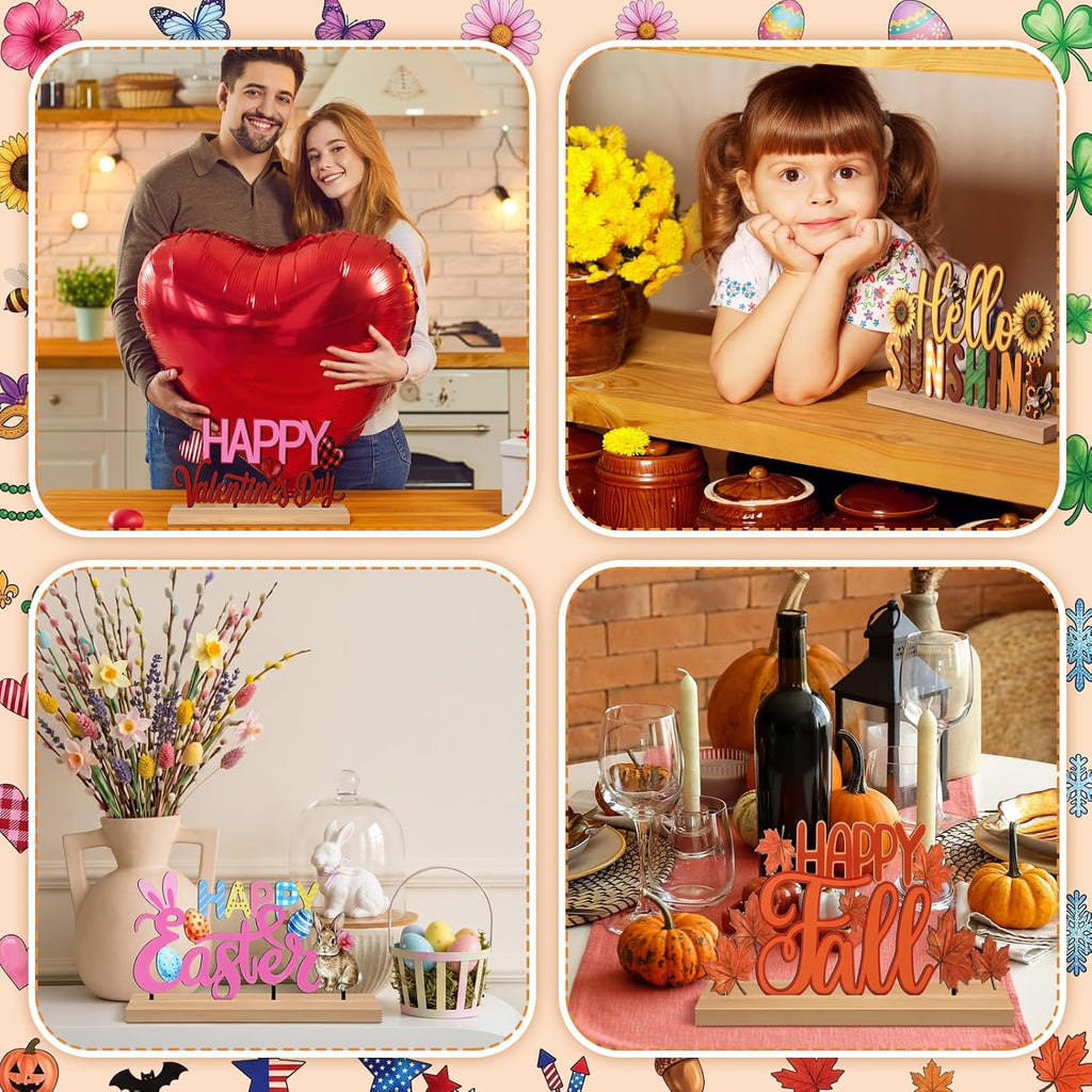Chunful 13 Pcs Interchangeable Holiday Metal Table Signs with Wooden Base