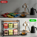 Tea Bag Organizer, 3 Tier Tea Bag Holder with 2 Removable Baskets, Wood and Metal Tea Organizers and Storage Chest for Countertop Kitchen, Office, Brown, Space-Saving Tea Storage Rack