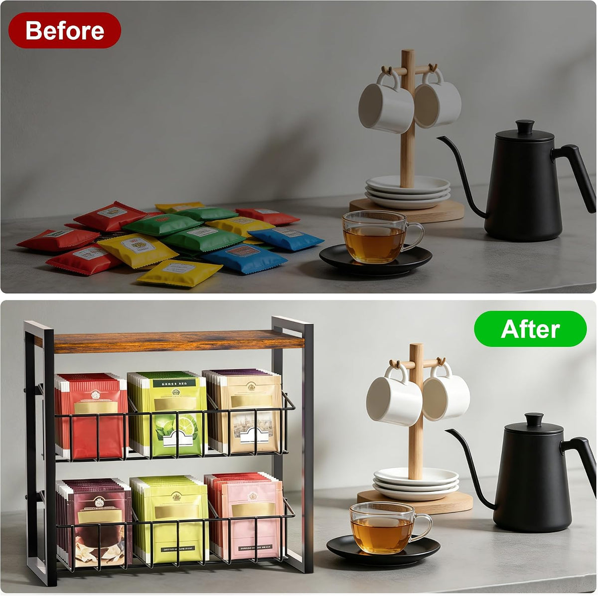 Tea Bag Organizer, 3 Tier Tea Bag Holder with 2 Removable Baskets, Wood and Metal Tea Organizers and Storage Chest for Countertop Kitchen, Office, Brown, Space-Saving Tea Storage Rack