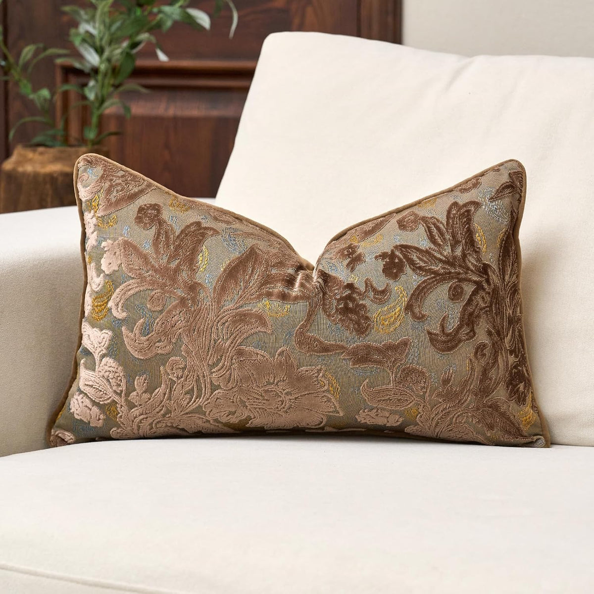 Alerfa Brown Neutral Floral Pillow Cover 12 x 20 Inch, Vintage Cut Velvet Rectangle Couch Throw Pillow Cover Soft Decorative Farmhouse Accent Pillowcase for Living Room Bedroom