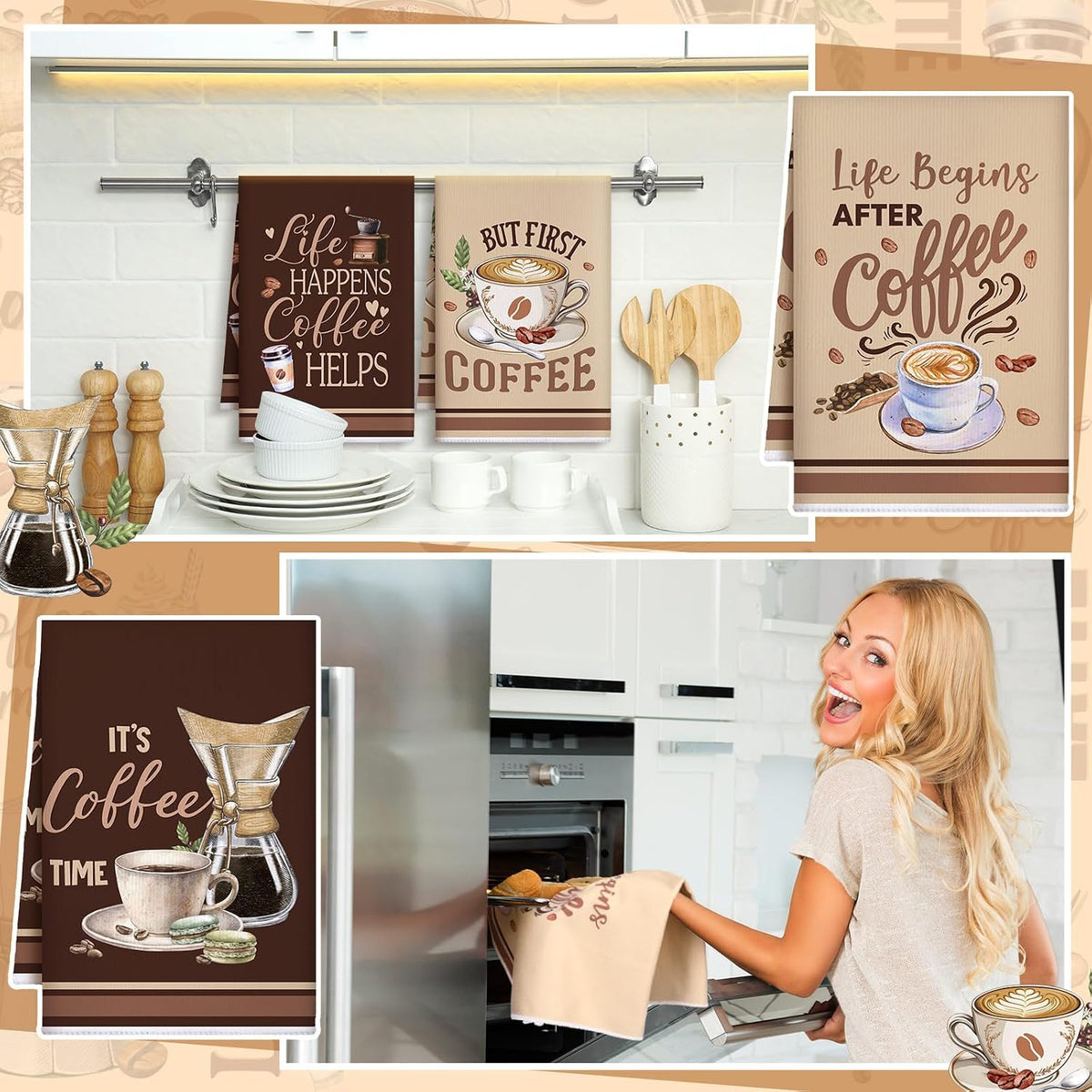 Bencailor 6 Pcs Coffee Kitchen Towels Decorative Dish Towels Sets