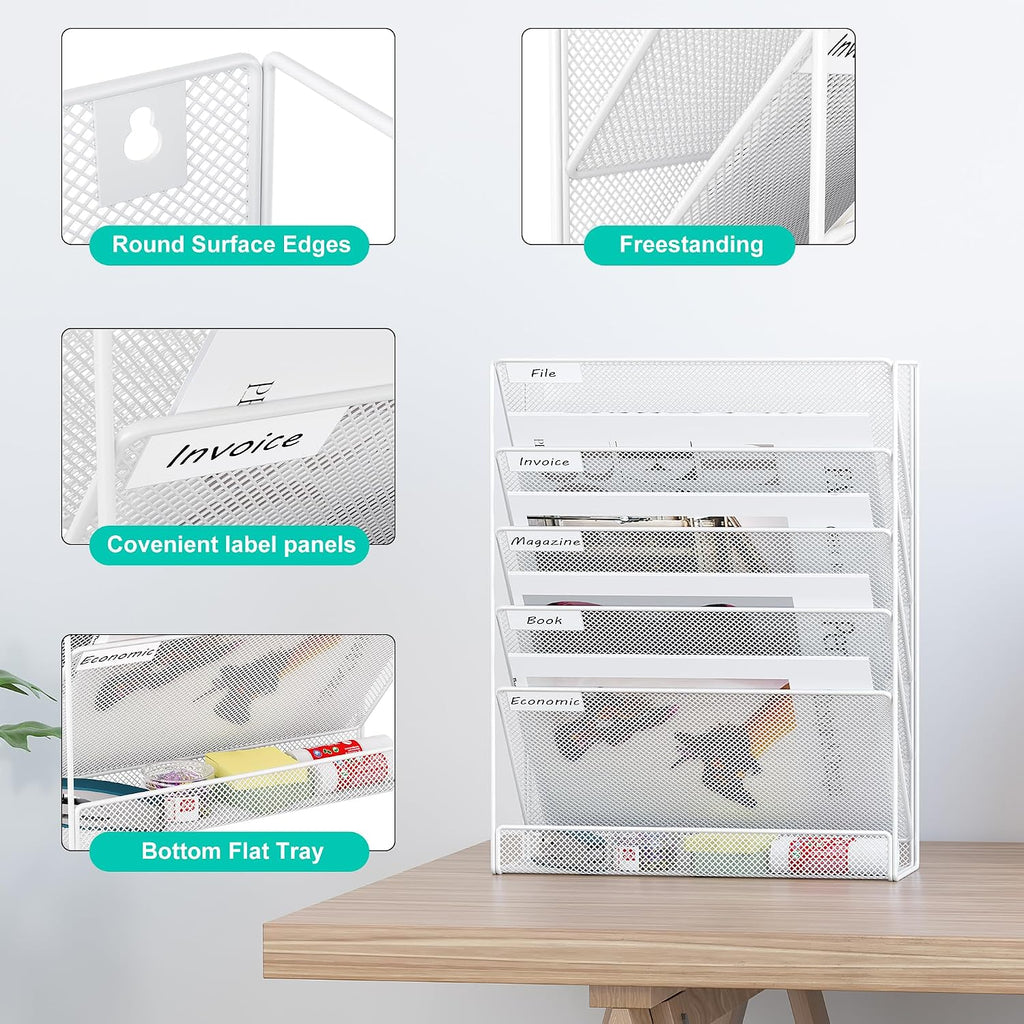 EasyPAG 5 Tier Wall File Holder, Mesh Hanging Folder Organizer with Classify Label, Versatile Desk File Holder, Vertical Wall Mounted Mail Organizer for Office Home Cubicle, White