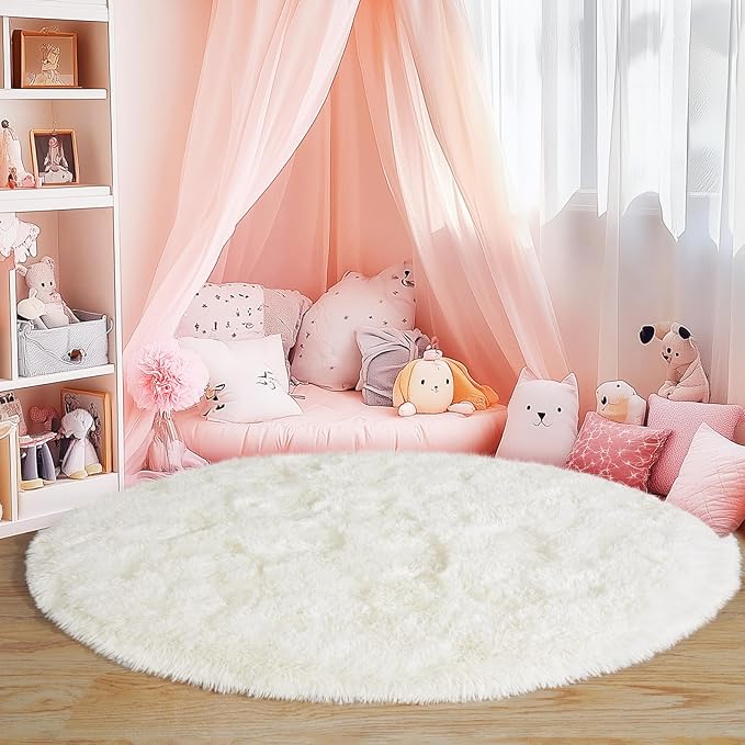3'x3' Cream Round Rugs for Girls Bedroom, Ultra Soft Fluffy Circle Rug for Kids - Image 2