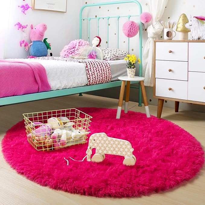 Hot Pink Round Rug 4Ft for Girls Bedroom, Fluffy Circle Area Rugs for Kids Room - Image 5