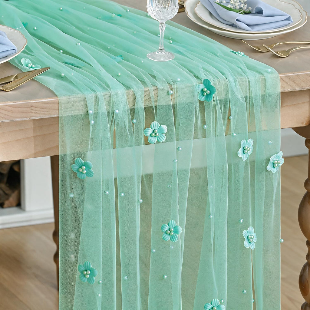 Artoid Mode Caramel Flower Pearl White Gauze Table Runner 10FT, Seasonal Sheer Dining Holiday Wedding Birthday Baby Shower Table Decor for Home Party
