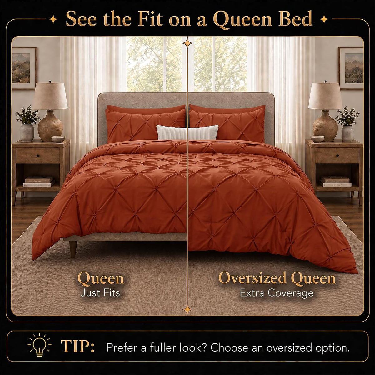 CozyLux Queen Comforter Set Burnt Orange, 7 Pieces Pintuck Bed in a Bag