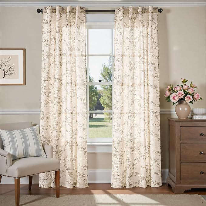 Lazzzy Taupe Floral Linen Curtains 96 Inch Farmhouse Back Tab Drapes - Image 2