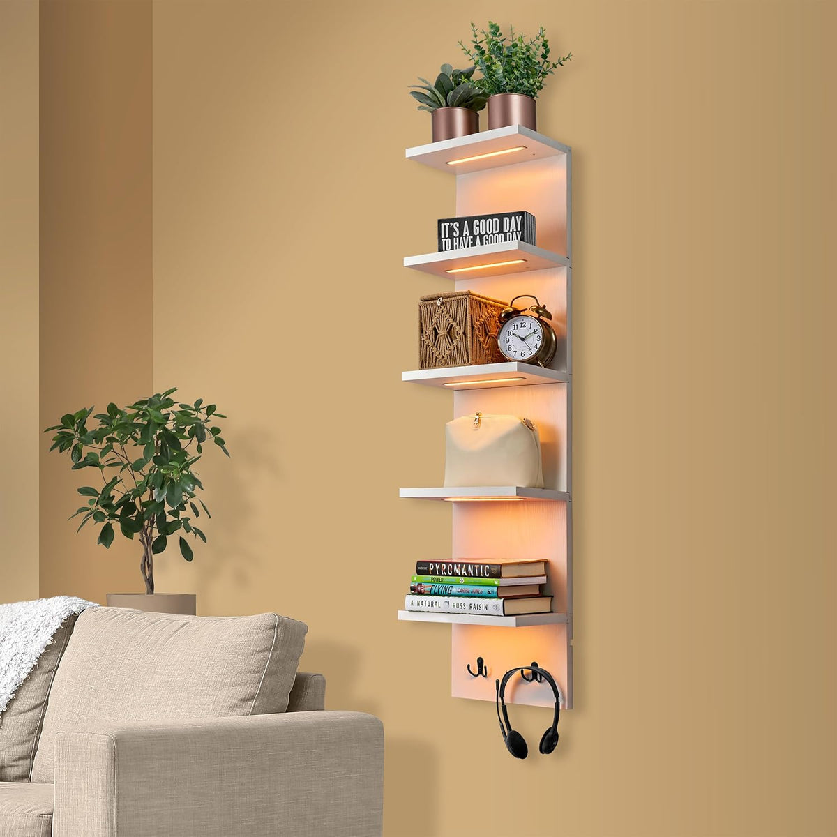 Sorbus LED Light Display Shelf - Vertical 5 Tier Wall Shelf Unit with 2 Hooks, Column Utility Shelving for Home Decor, Wall-Mounted Floating Shelves for Bathroom, Bedroom, Vanity, Figurine Display