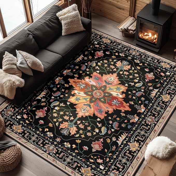 Area Rugs 6'x8' Washable Non-Slip, Floral Vintage Distress Print Pattern by RELEANY