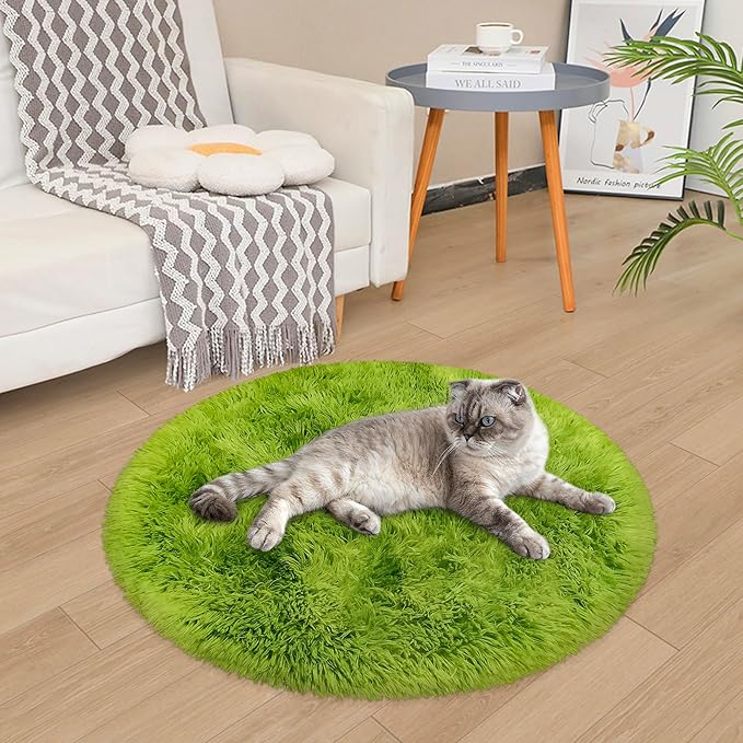 Tie Dye Green Round Rugs Small 3x3 ft Fluffy Circle Rug Furry Carpet Shaggy - Image 5