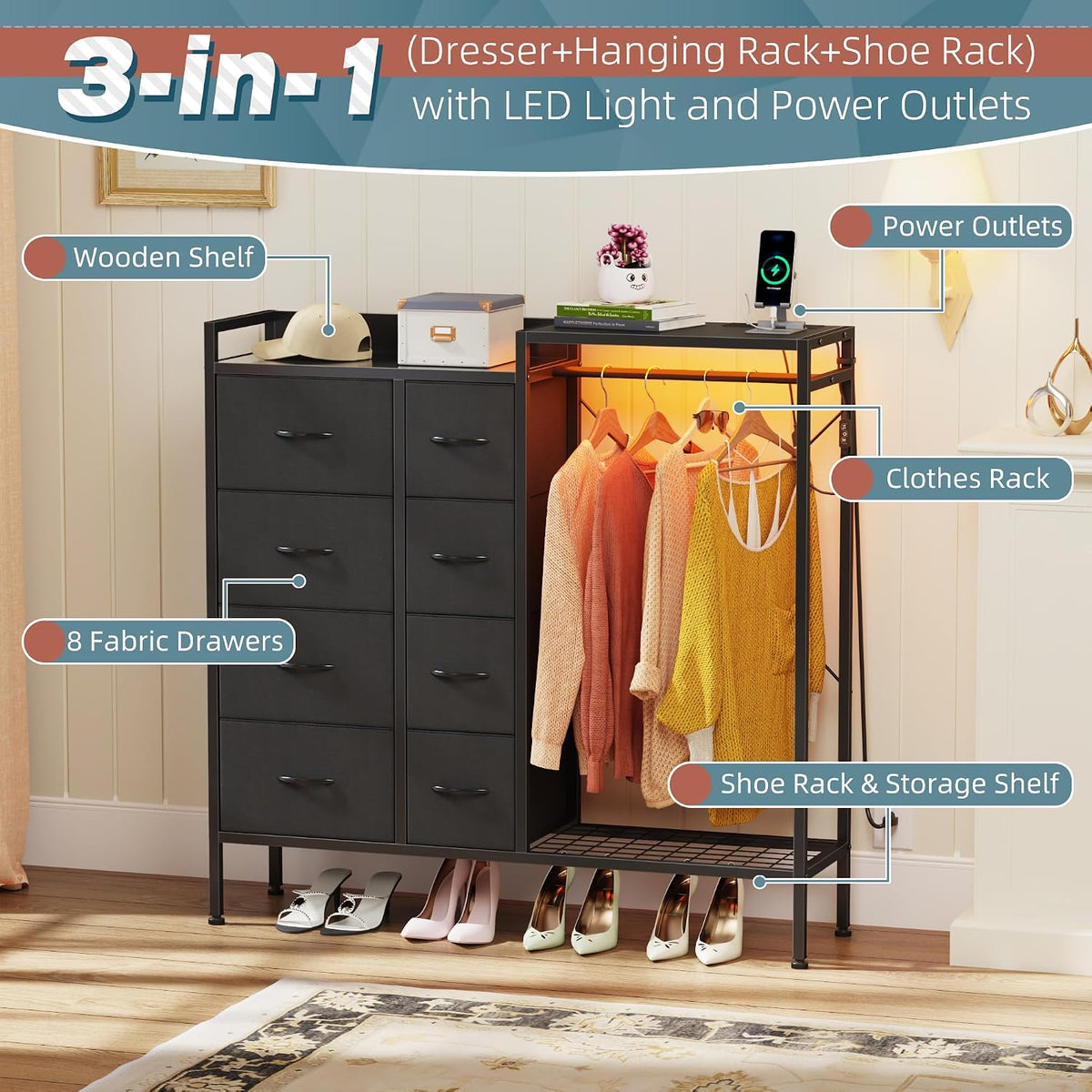 HIGDBFE 8-Drawer Dresser with Hanging Rack for Bedroom, Black, 11.8" D