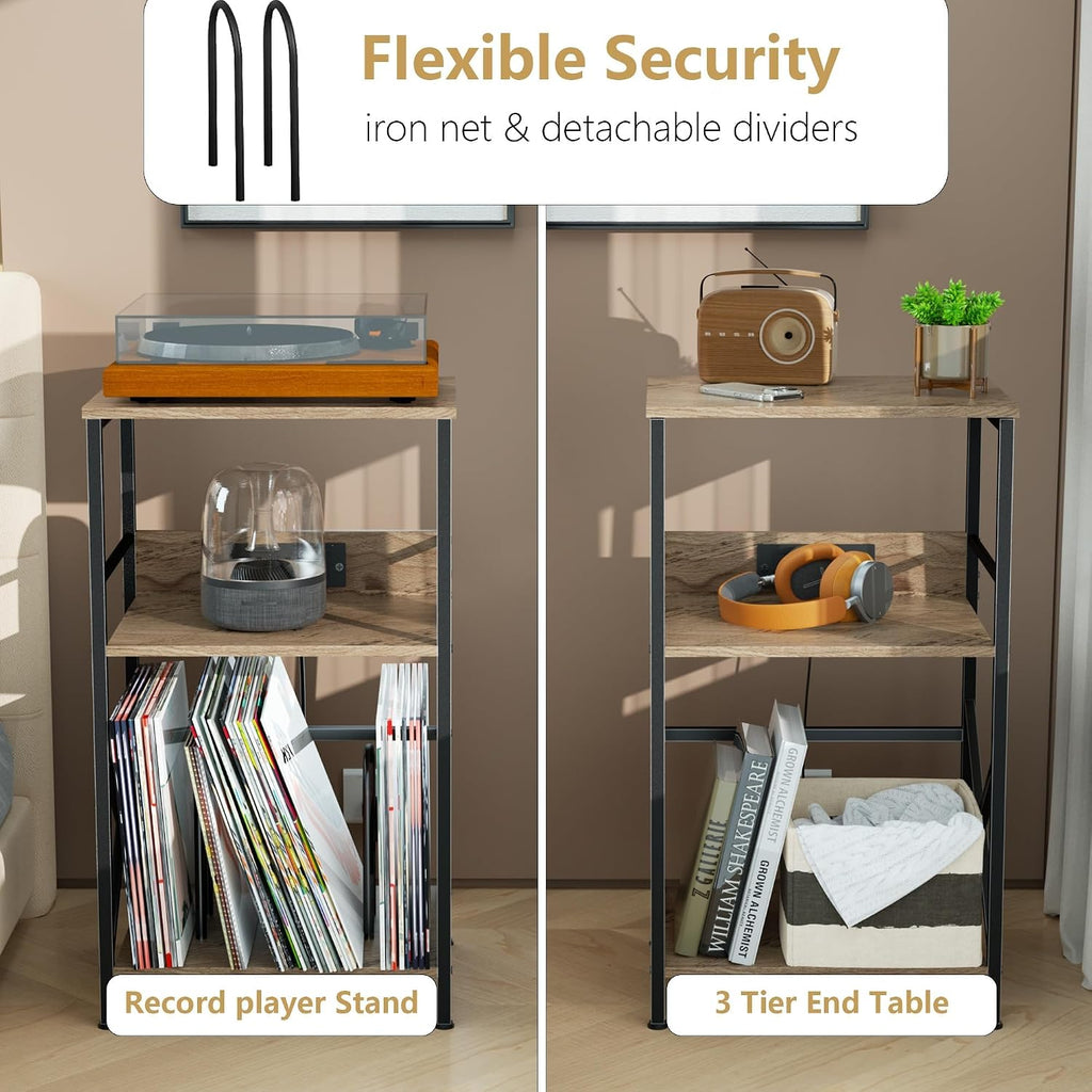 DALEMHOME Record Player Stand with Charging Station, 3-Tier Side Table for 100 Vinyl Storage, End Table for Living Room, Bedroom, Greige HKET1001GY