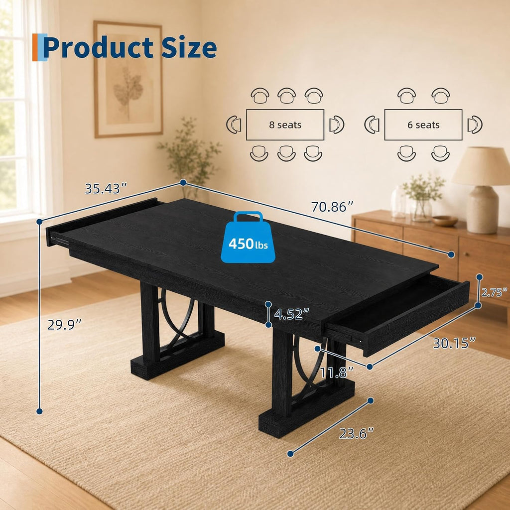 IDEALHOUSE Wooden Dining Table for 6-8 People with 2 Large Drawers,71 in ﻿