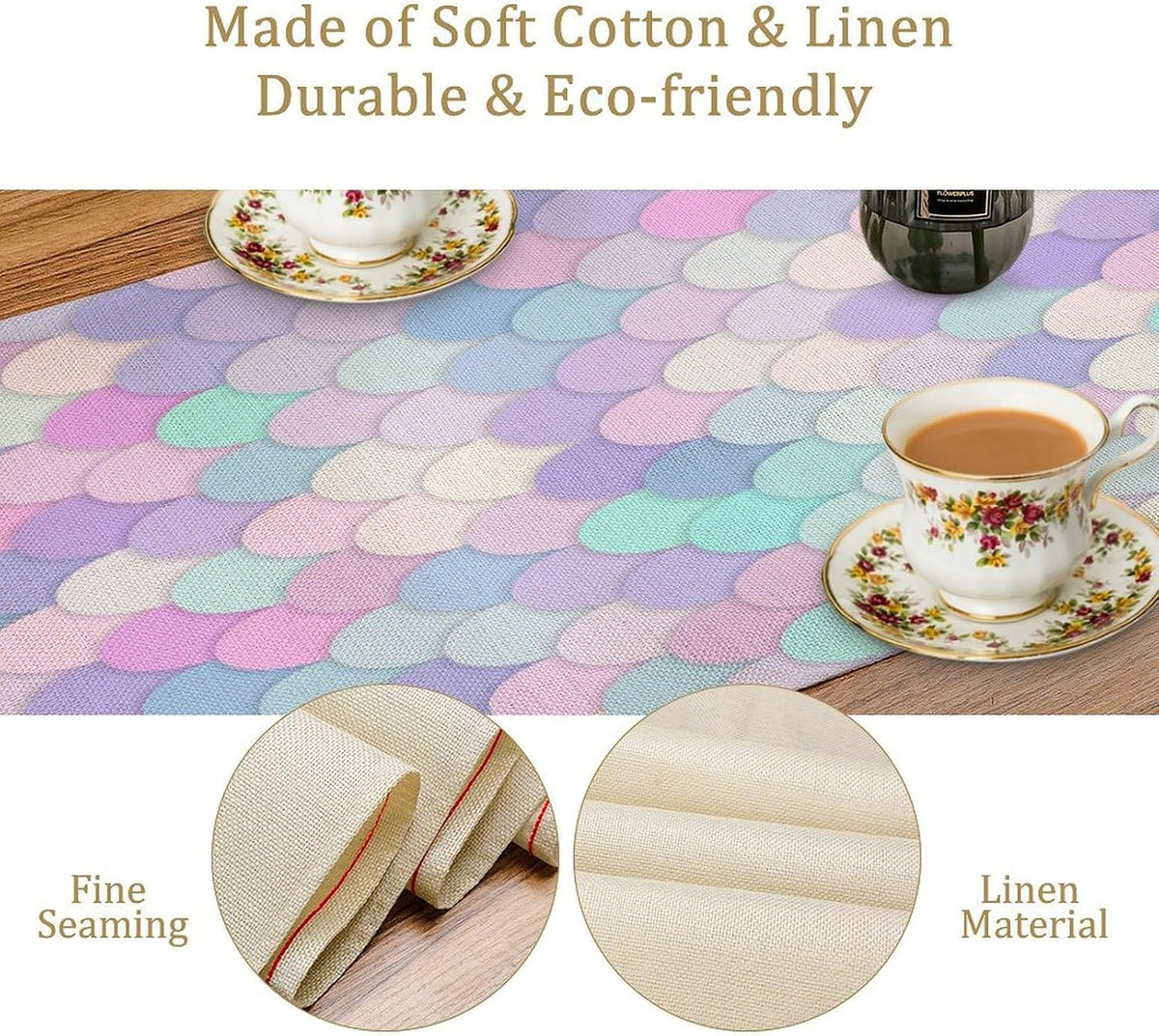Mermaid Scales Table Runner Sea Theme Magic Blue Purple Pink Watercolor Scales Pattern Printed Linen Table Runner for Home Kitchen Dining Table Decoration,13x108 Inch