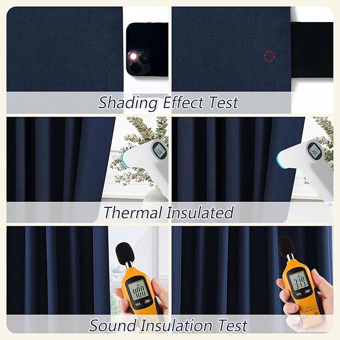 Guken Navy Blue 100% Blackout Linen Curtains 63 Inch Length 2 Panels Set - Image 5