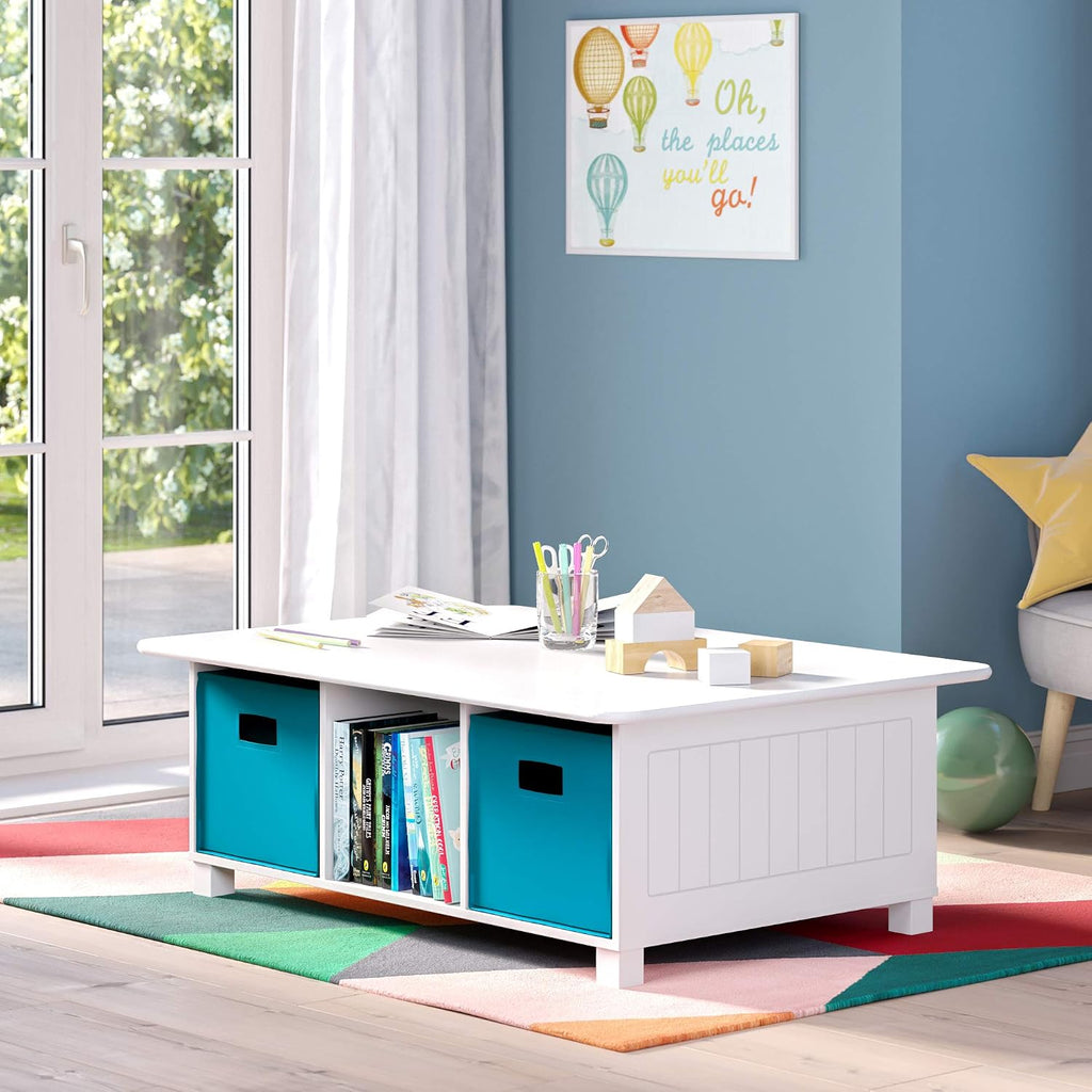 RiverRidge Kids 6 Cubby Storage 2pc Activity Table, White with Turquoise Bins