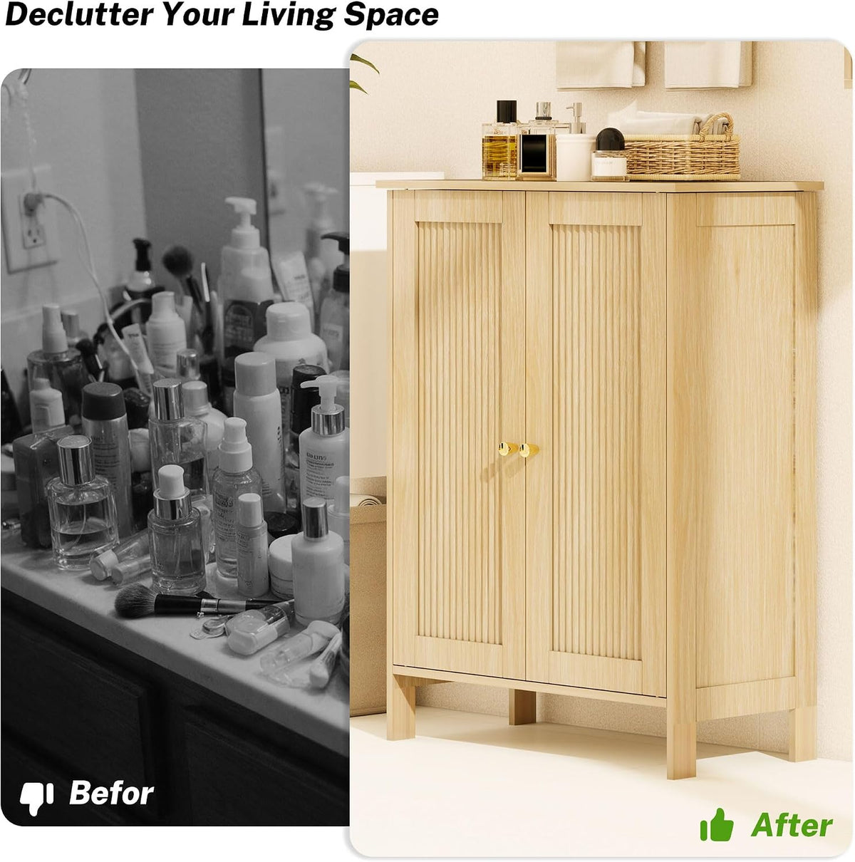 Fluted Bathroom Storage Cabinet with 2 Doors & Shelf, Natural