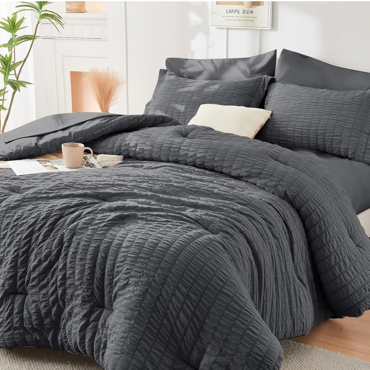Queen Comforter Set - 7PCS Bed in a Bag, Seersucker Bedding Set, Dark Grey