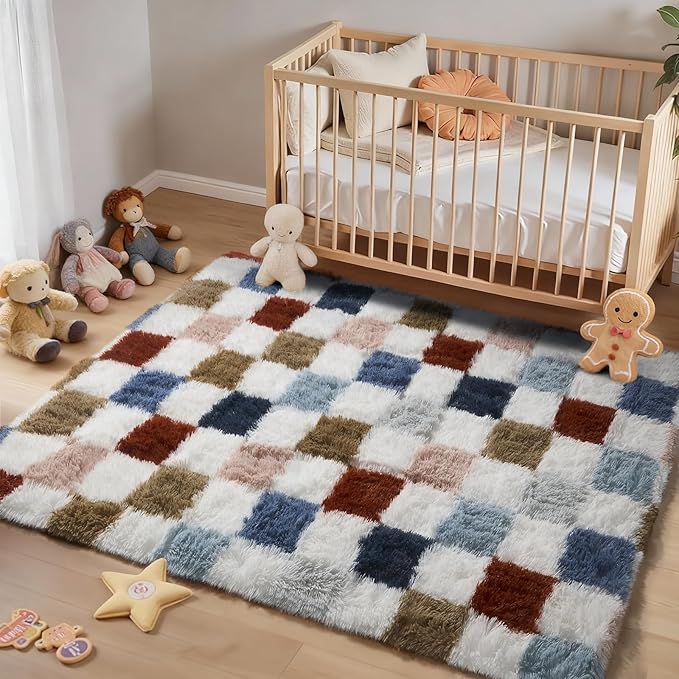 Ophanie Checkered Rainbow Rug for Living Room Bedroom, Colorful Fluffy Soft - Image 5