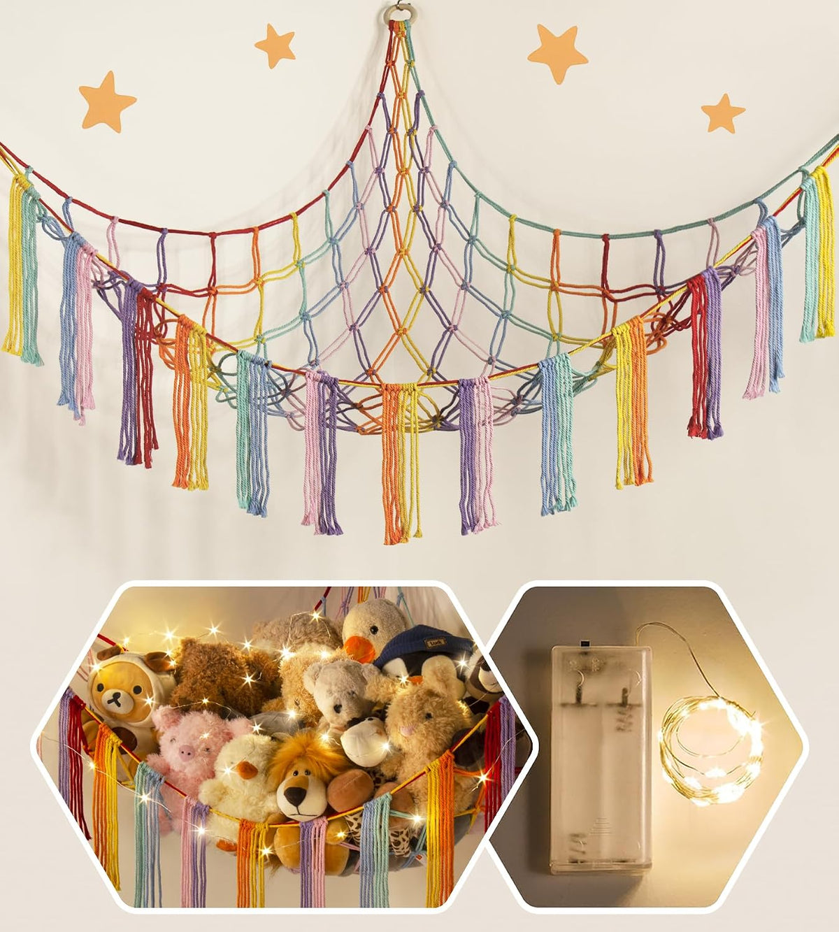 RelaxScene Stuffed Animal Storage Hammock Corner X-Large with LED Light - Baby Hammock Hanging Holder Plushies Net for Stuff Animals Organizer - Cute Room Decor Aesthetic Kids Toddler Nursery Bedroom