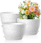 Meowell 12/10/9 inch Large Plant Pots, 3 Pack Wide Flower Pots for Outdoor Indoor Plants with Water Ripples, Big Plastic Planters with Drainage Holes and Saucers for Garden House Plants, Black