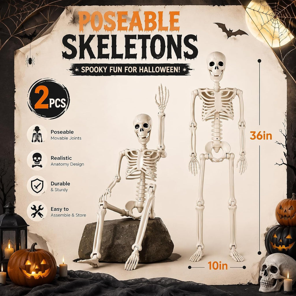 2 Pack 36" Halloween Skeleton, 3 ft Human Skeleton Full Body Posable Joints Plastic Skeleton for Halloween Decoration, Yard Patio Lawn Garden Skeleton Spooky Party Decoration Indoor Outdoor