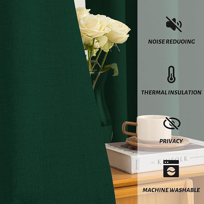Yakamok Dark Green Linen Curtains 100% Blackout 96 Inches Long, Room Darkening - Image 5