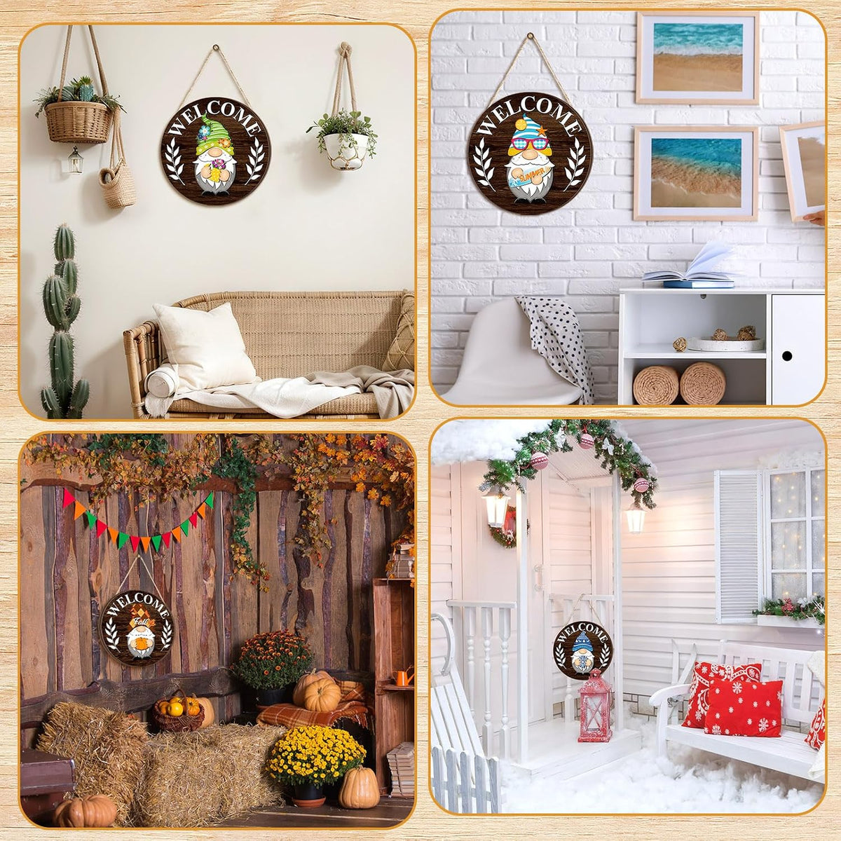 Qunclay Interchangeable Wooden Gnome Decor Holiday Seasonal Gnome Decorations with Magnet Pieces and Detachable Hats Changeable Welcome Sign for Home (Elegant Style)