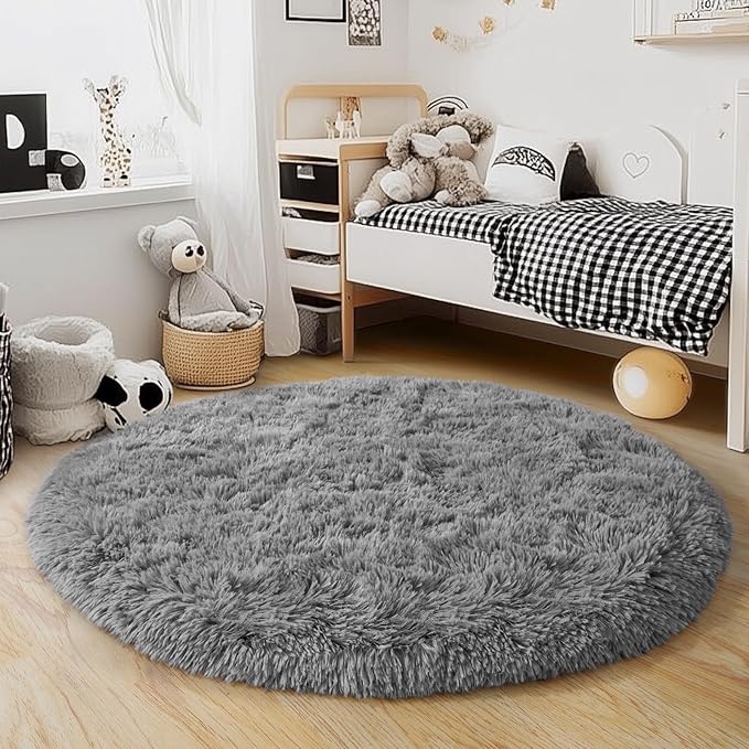 3'x3' Grey Round Rug for Bedroom, Ultra Soft Fluffy Circle Rug for Kids Girls - Image 2