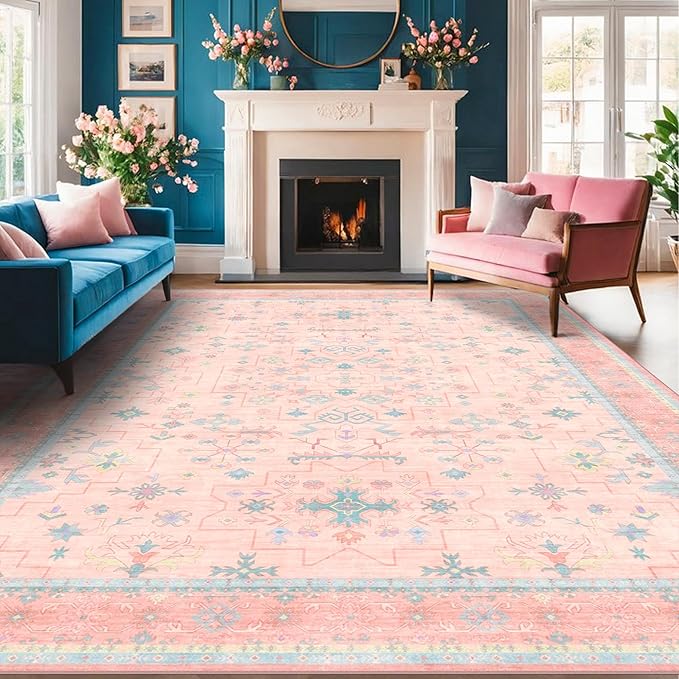 Washable Pink and Blue 6x8 Boho Rugs - Image 6
