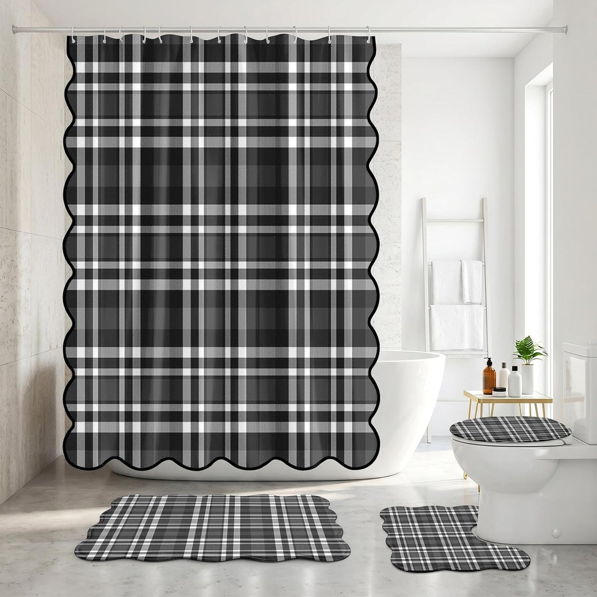Scalloped Bathroom Sets with Shower Curtain and Rugs, Boho Retro