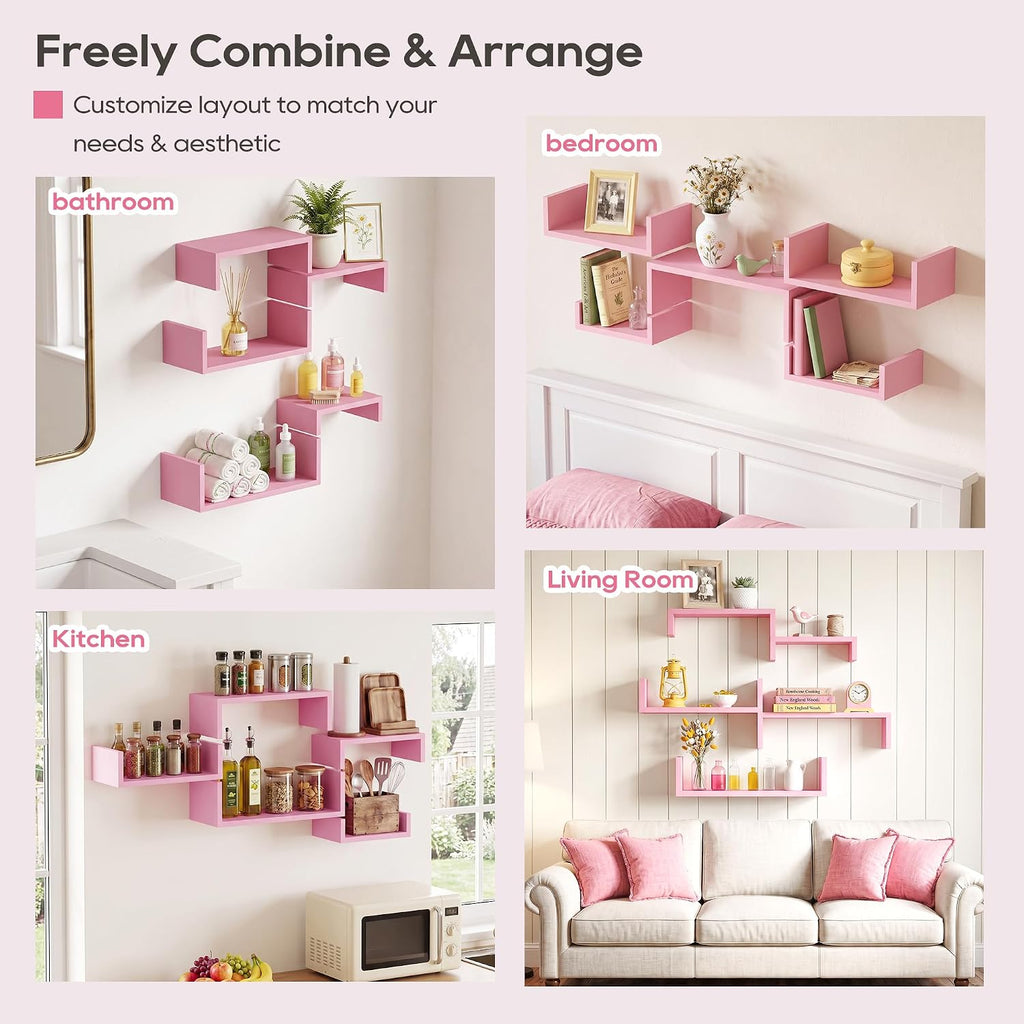 SRIWATANA Pink Floating Shelves, Set of 5 Solid Wood Wall Mounted Shelves