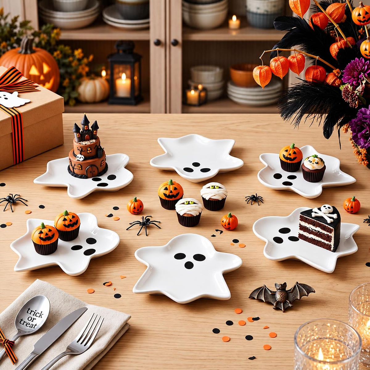 Frienda 6 Pcs Halloween Ghost Ceramic Plates Serving Dishes Dinnerware Set
