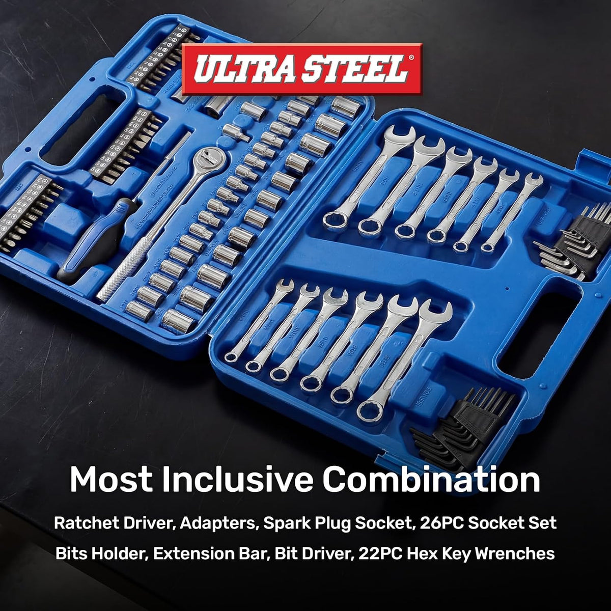 113PC Mechanic Tool Set, Ratchet, Sockets, Wrenches, Hex Keys