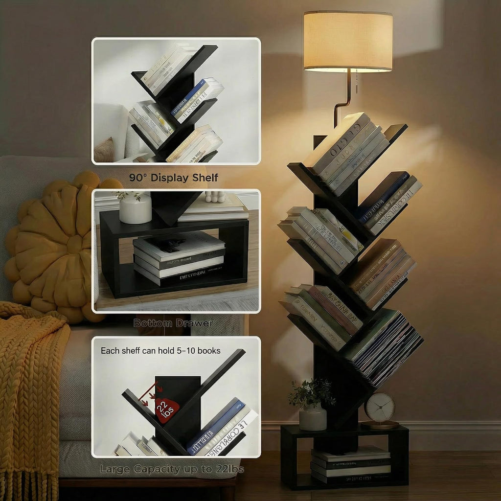 XBurmo 6 Tier Tree Bookshelf with Lights - Small Bookcase, Compact Book Tower with Drawer, Corner Bookshelf for Bedroom, Living Room and Home Office Storage, Black