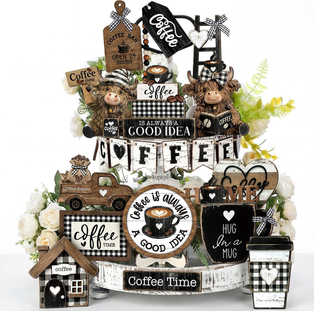 Mifoci 17 Pcs Coffee Tiered Tray Decor Farmhouse Wooden Bar Signs