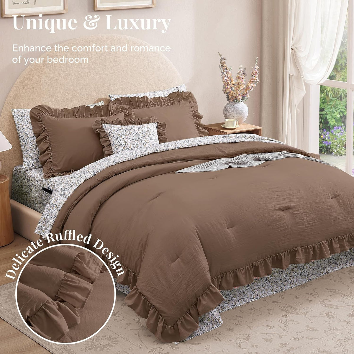 BLOOMHAVEN Queen Comforter Set-7 Pieces Ruffle Bedding with Floral Sheet