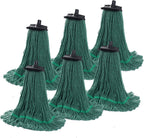 Matthew Large Heavy Duty Mop Head Commercial Replacement for General and Floor Cleaning, Screw-on Wet Industrial Cotton Looped End String Head Refill (Green 6Pack) w/Built-in Flexible Bristle Brush