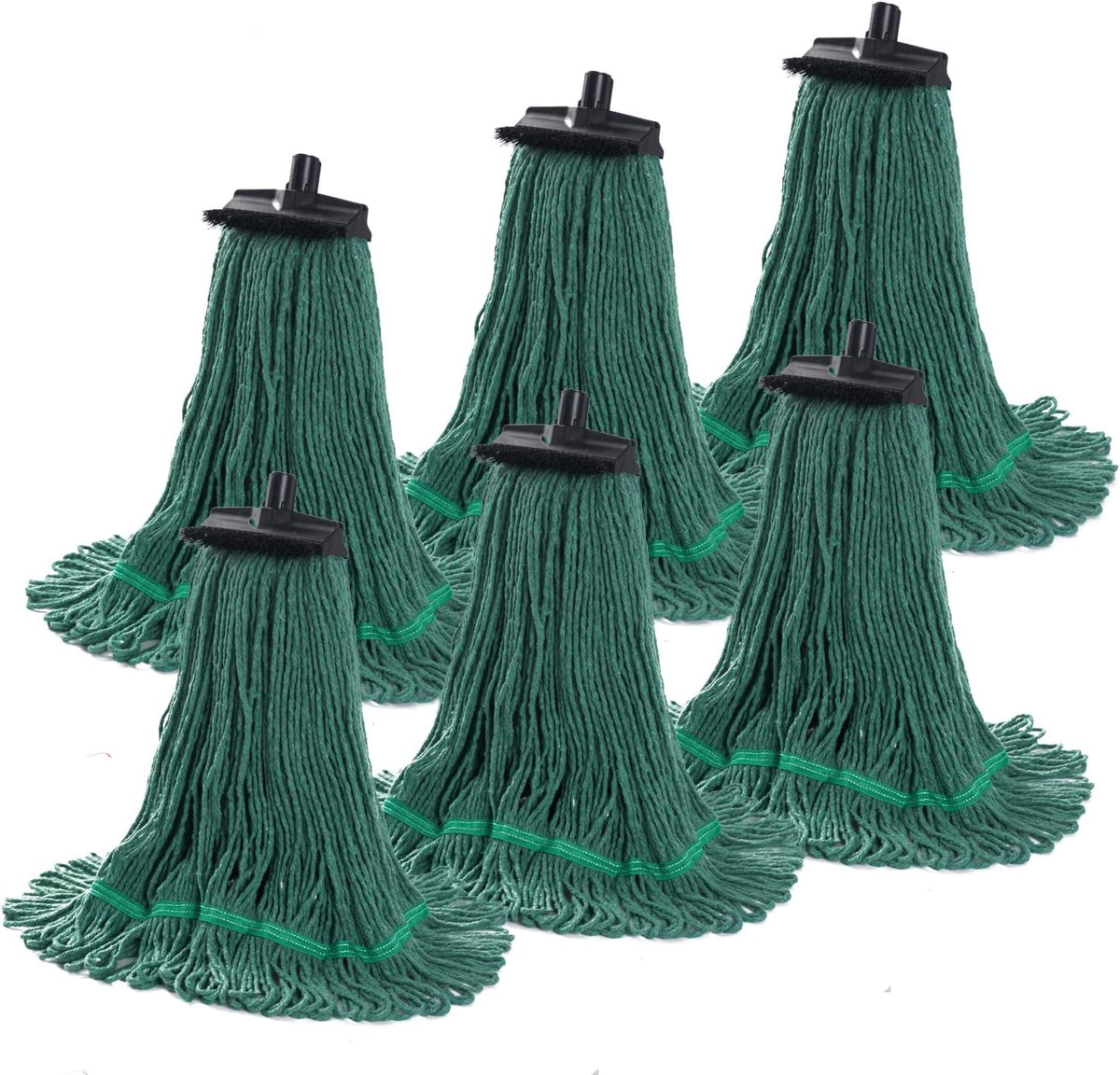 Matthew Large Heavy Duty Mop Head Commercial Replacement for General and Floor Cleaning, Screw-on Wet Industrial Cotton Looped End String Head Refill (Green 6Pack) w/Built-in Flexible Bristle Brush