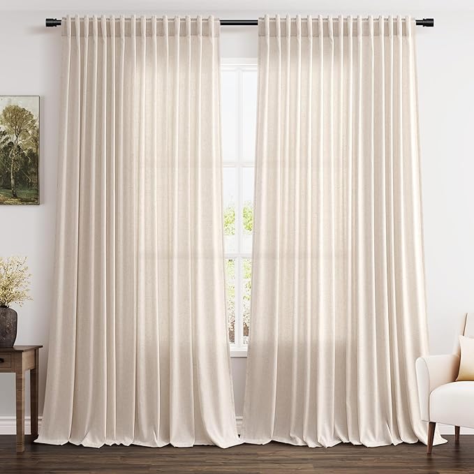 Beige Large Window Curtains Light Filtering Semi Sheer Privacy Linen Textured by Nanspring