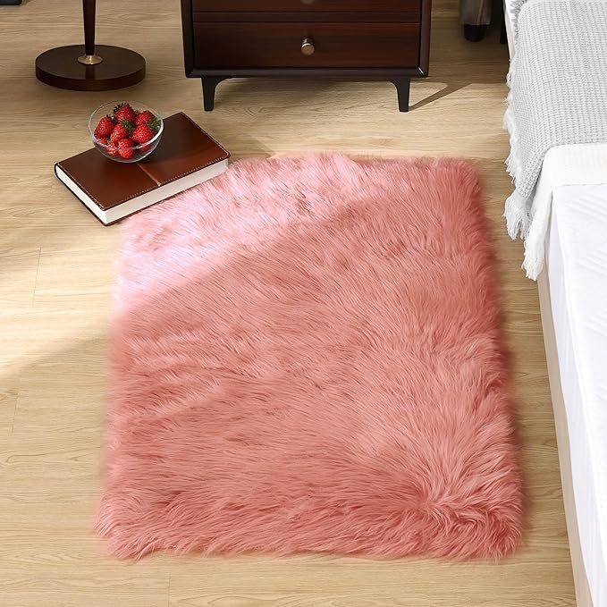 Goolela Pink Fluffy Fur Rug Fuzzy Furry Faux Sheepskin Pink Carpet 2x3 - Image 2