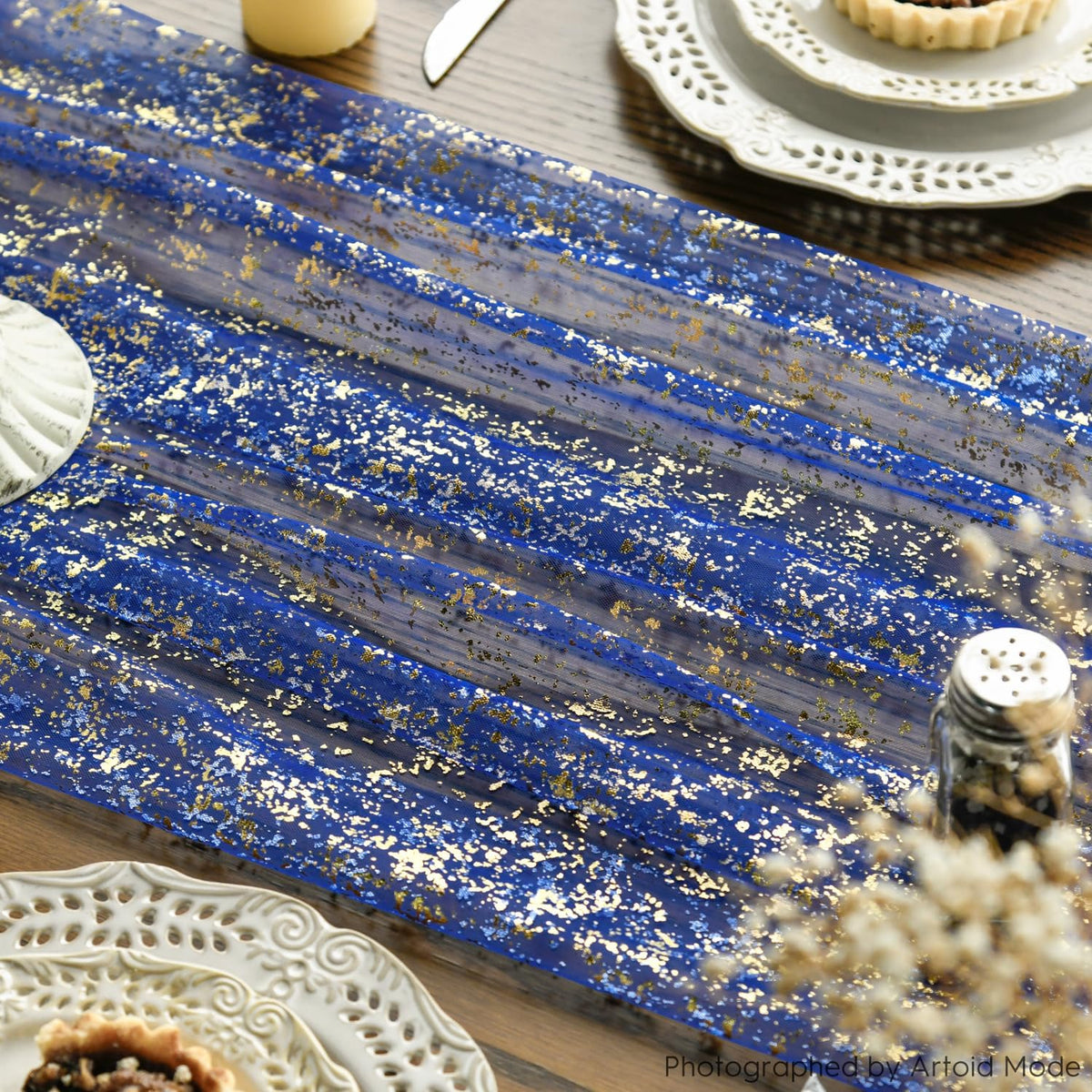 Artoid Mode 10PCS Blue Gold Gauze Table Runner 120 Inch 10FT, Glitter Metallic Foil Sheer Dining Wedding Anniversary Holiday Table Decor for Home Party